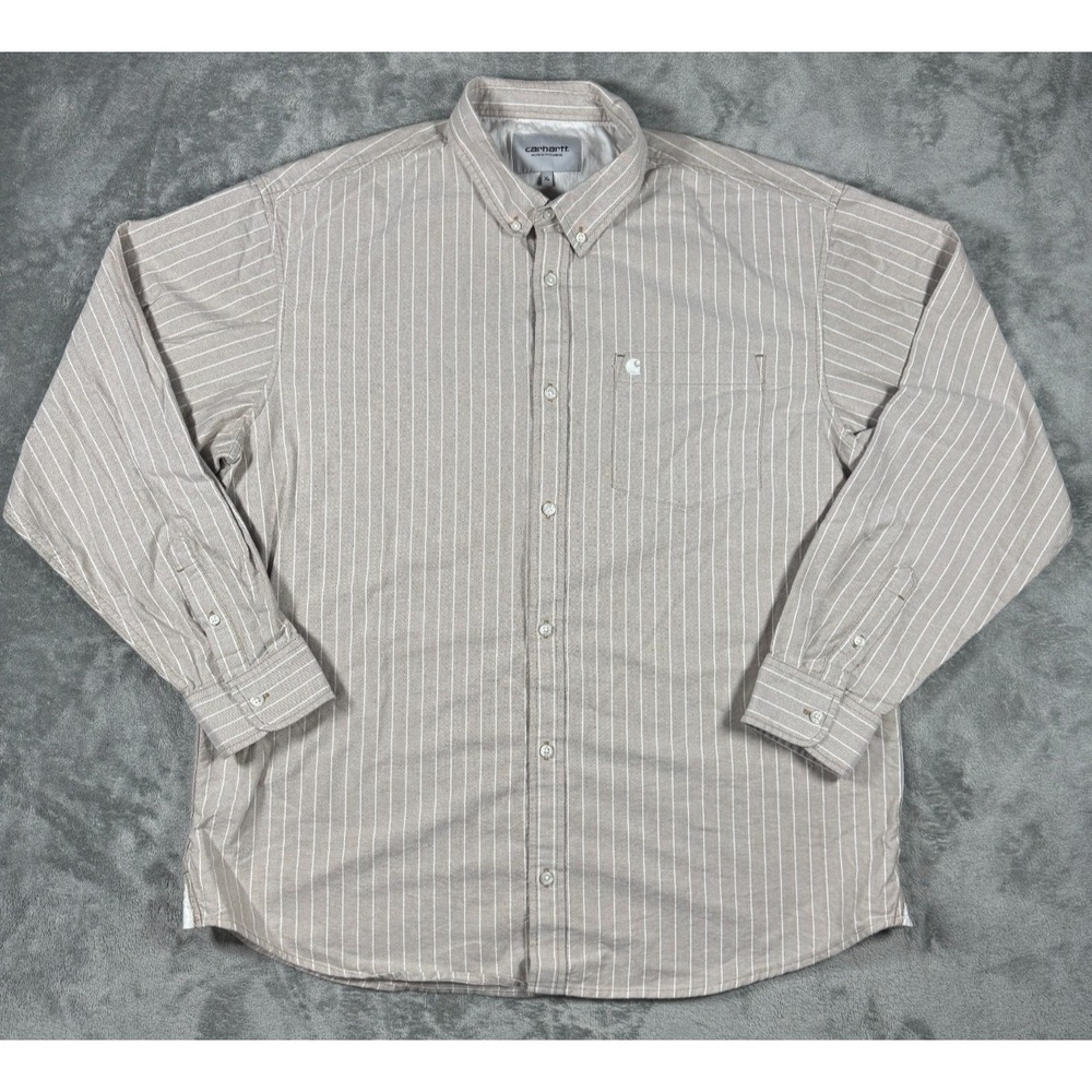 Carhartt WIP L/S Cassel Shirt Mens XL Tan Beige Striped Button Up 1035327